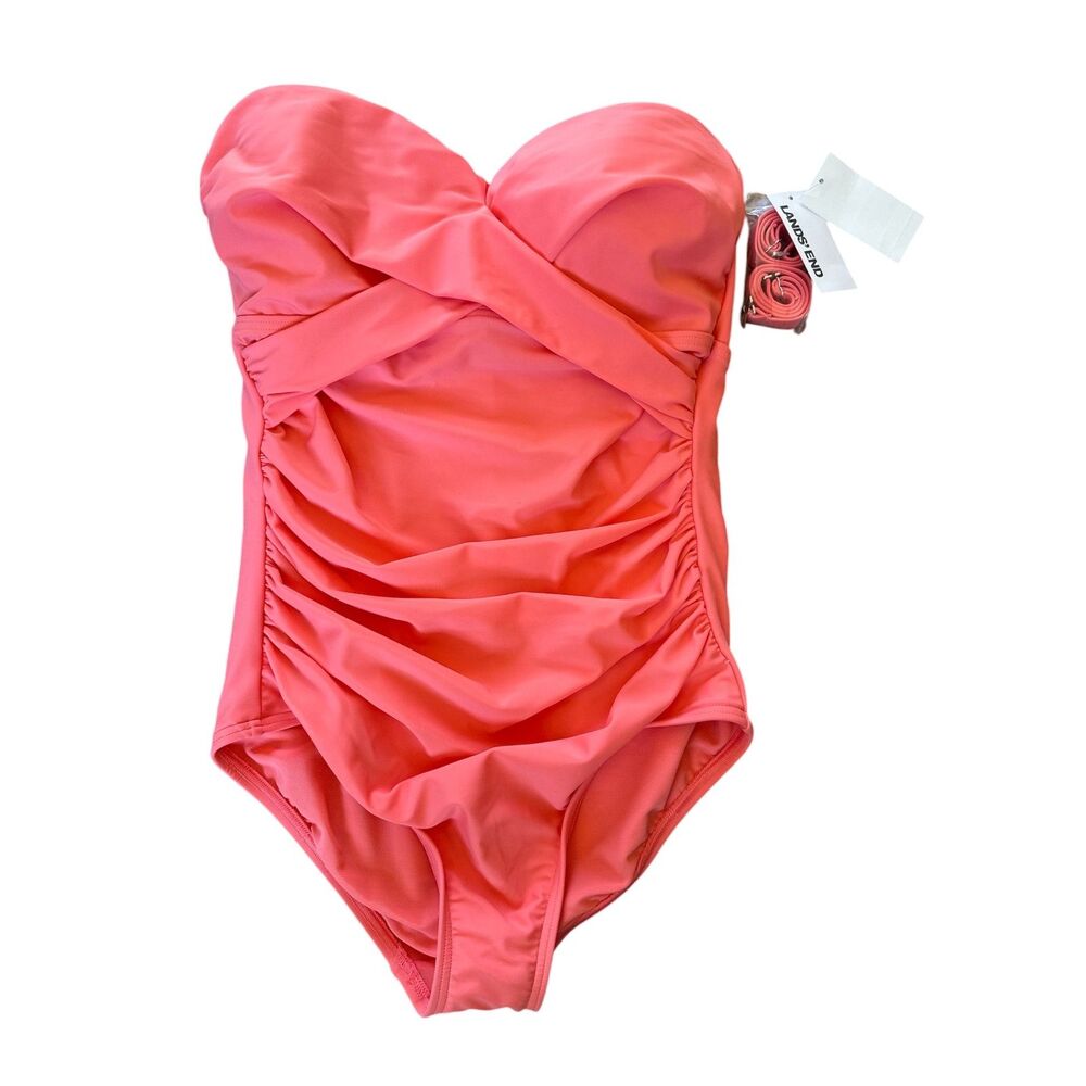 Lands End Women’s Bandeau Front Wrap One Piece Swimsuit Coral M